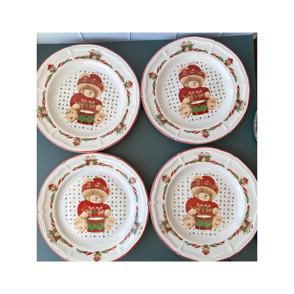 Tienshan Theodore Bear's Christmas Stoneware Dinner Plates Set of 4 10.5"